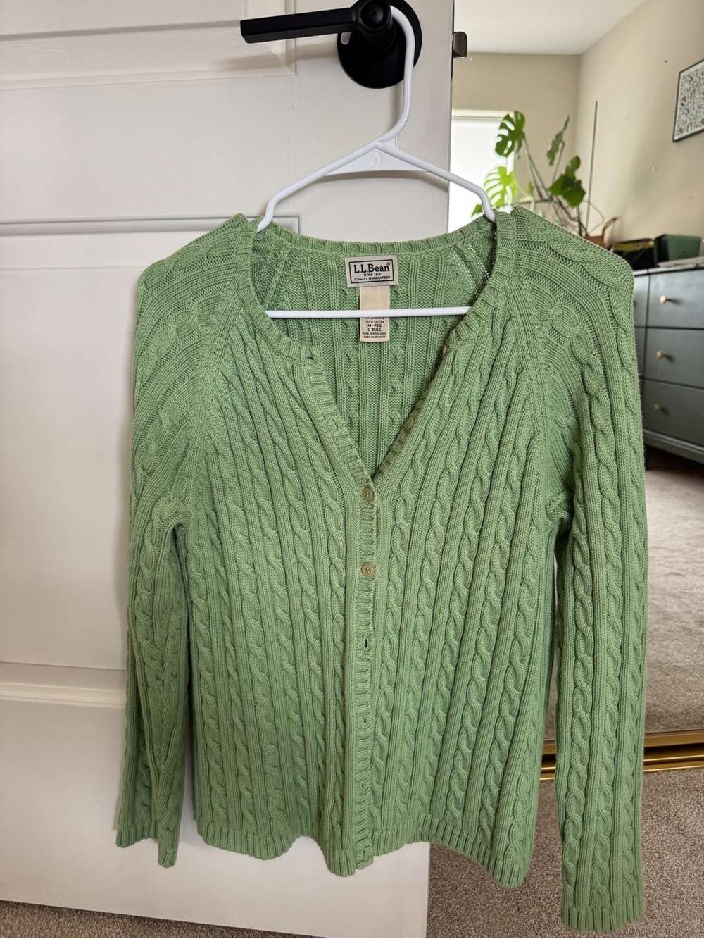 L.L. Bean Women's Light Green Cable Knit Cardigan